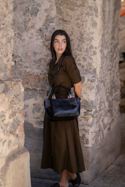 Bolsa Constança Lezard Preto / Metalizado Grafite