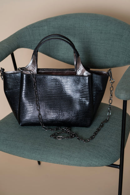 Bolsa Constança Lezard Preto / Metalizado Grafite